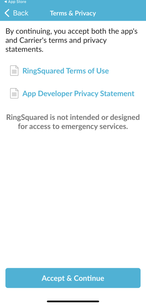 RingSquared on iPhone - Accept TOS